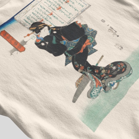 Japanese Woman & Book VTG Ukyio-e Print Long Sleeve Graphic Tee T-shirt S M L XL - Picture 5 of 6